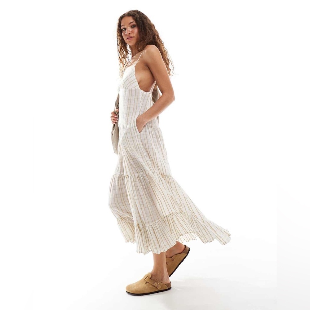 NEW Free People check print tiered midaxi dress in ivory